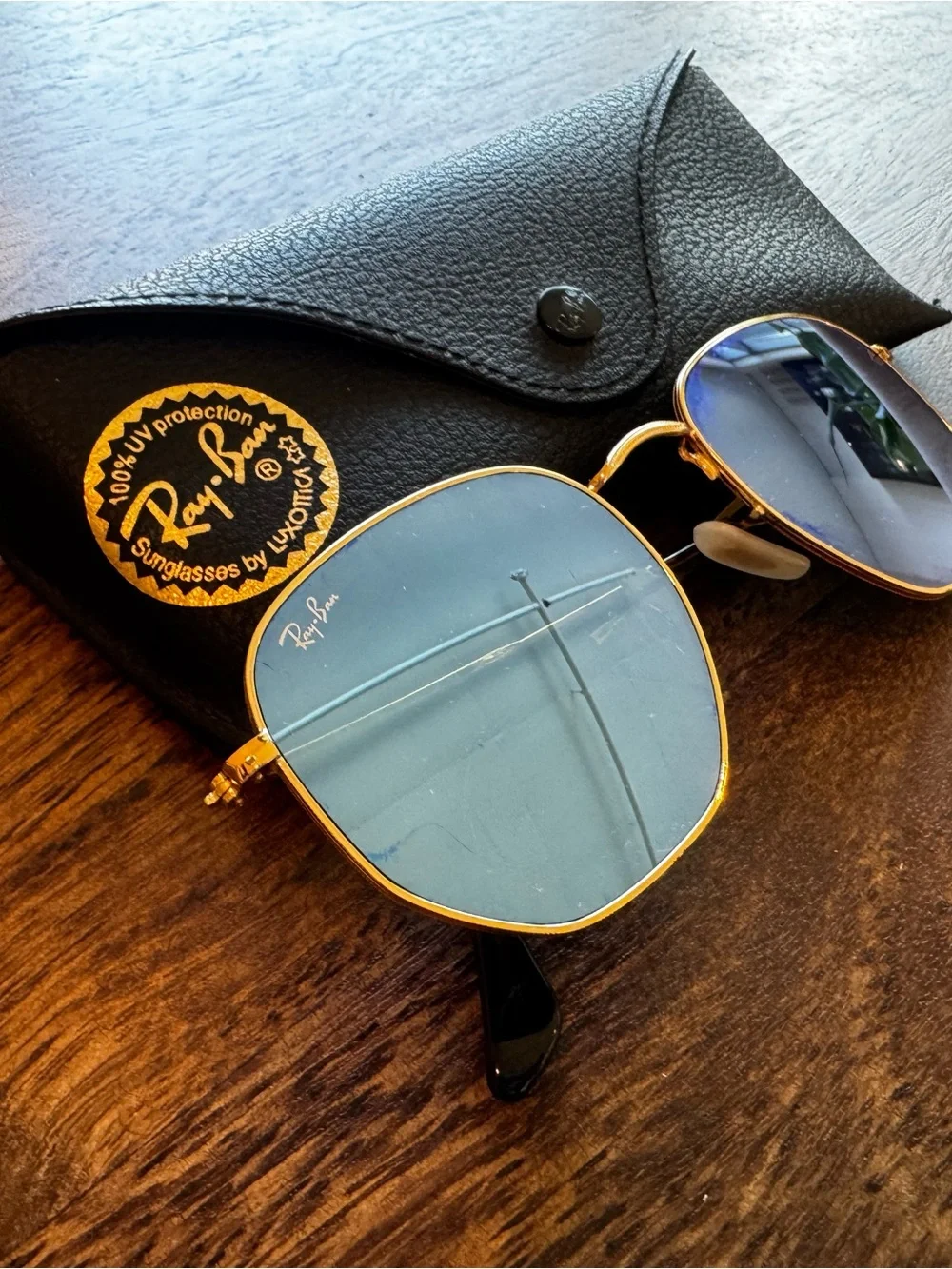 Ray-Ban Gold Frame Sunglasses with Blue Lenses